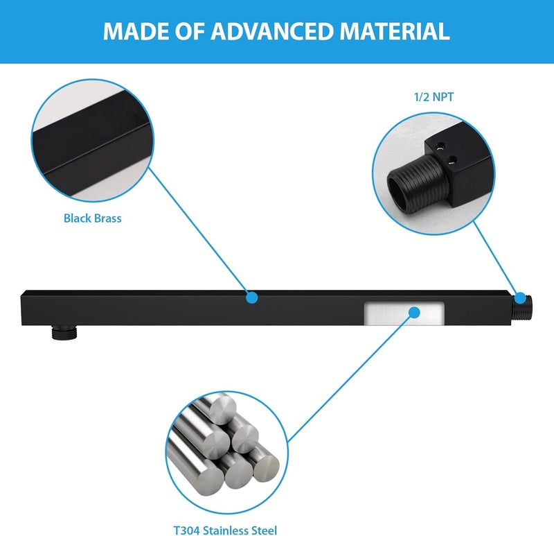 Lordear 20 Inch Shower Arm Black,Rain Shower Head Extension Arm With Flange and Teflon Tape,304 Stainless Steel Rain Shower Arm Wall Mounted - Image 5